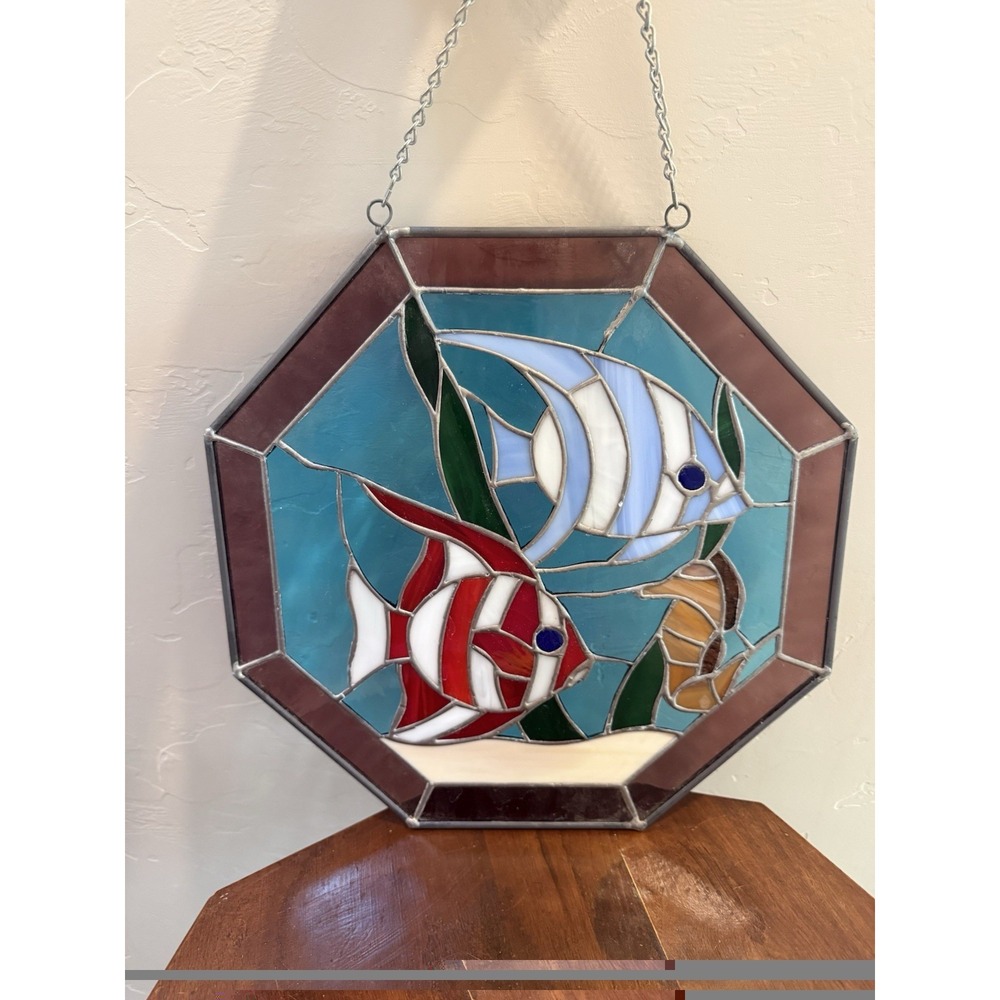 Vintage Tiffany Style Stained Glass Fish Seahorse Octagon Suncatcher Panel 13"